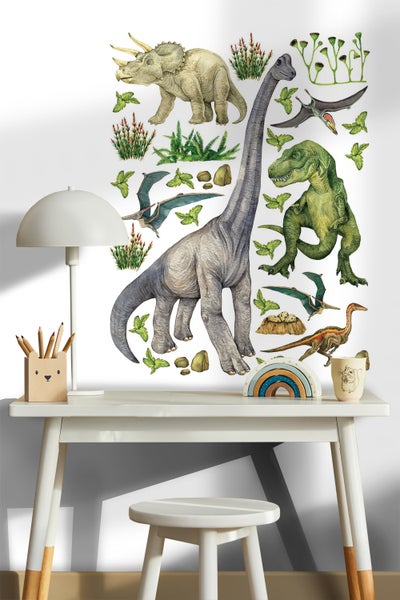 Wandaufkleber mit Dinosaurier Motiven über einem Schreibtisch