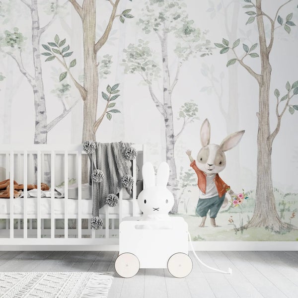Kindertapete Birken­wald Aquarell mit Hasen 600 x 280 cm