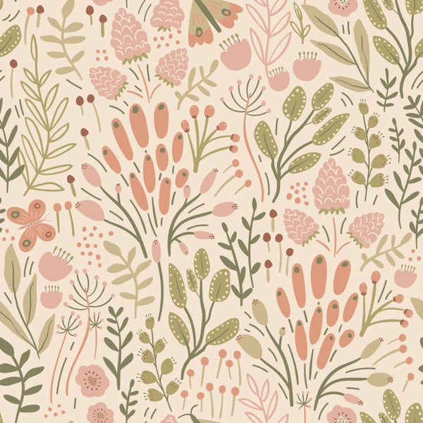 ESTAhome Tapete Blätter und Blumen Olivgrün und Terrakotta - 50 x 900 cm - 131390