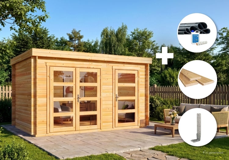 Gartenhaus aus Holz mit Flachdach und Glasfront plus Zubehörset bestehend aus Dachfolie, Dachdielen und Winkelverbindern für die Montage.