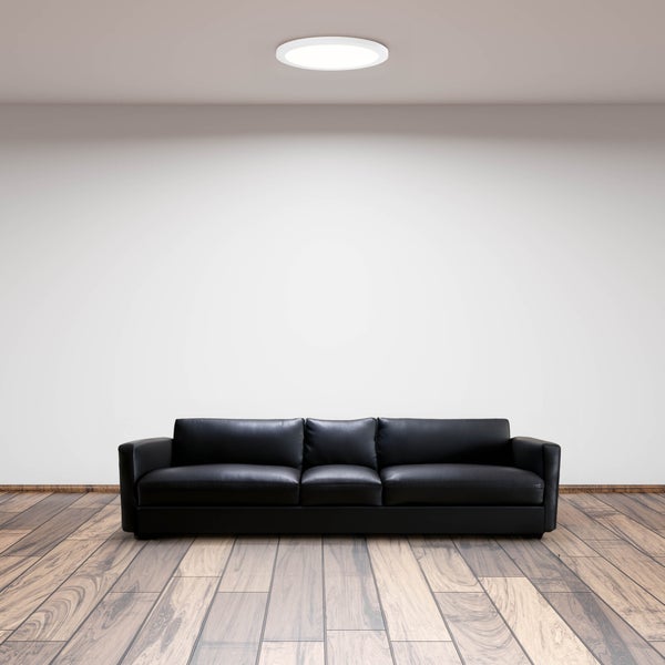 Wohnzimmer mit schwarzem Sofa und Holzboden