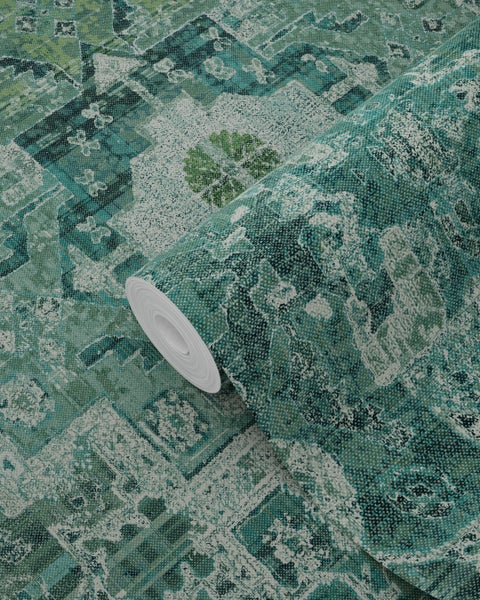 ESTAhome Tapete orientalisches Kelim-Patchwork Smaragdgrün - 53 cm x 10.05 m - 148659