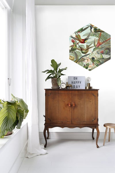 Dekoratives Holzschränkchen mit Zimmerpflanzen und sechseckiger Wanddekoration im Wohnraum.