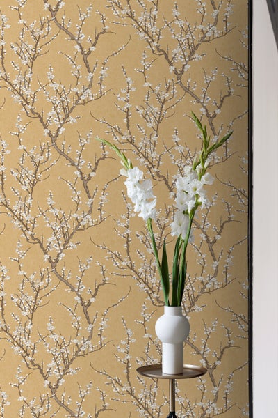 Sanders und Sanders Tapete Blüte Ockergelb und Weiß - 53 cm x 10 m - 640176