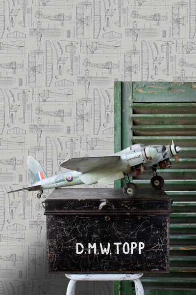 ESTAhome Tapete Kontruktionszeichnungen von Flugzeugen Taupe und Graublau - 53 cm x 10.05 m - 139960