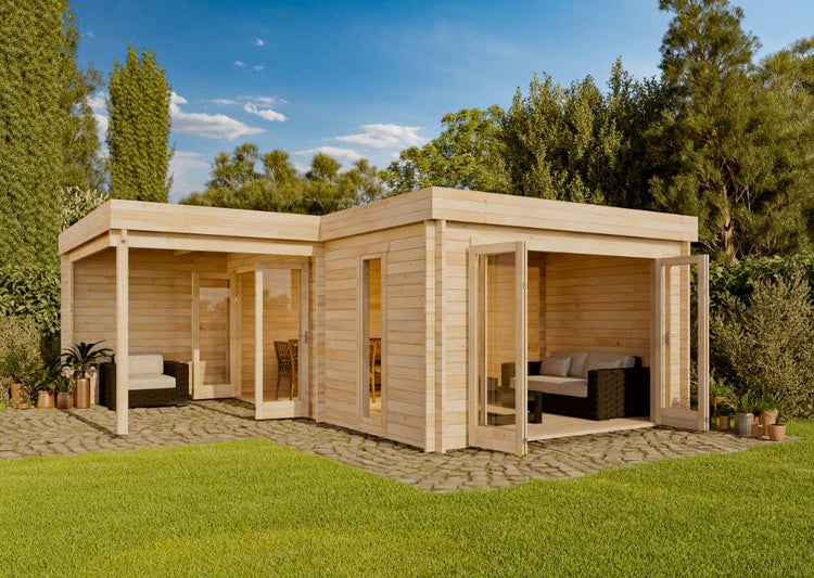 Alpholz Gartenhaus Sunbeam ISO Gartenhaus aus Holz, Holzhaus mit 40 mm Wandstärke inklusive Terrasse inklusive Schleppdach, Blockbohlenhaus mit Montagematerial, Naturbelassen 6x6m