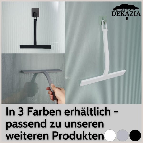 Dekazia Logo. Duschabzieher mit passender Halterung in drei Ausführungen, hängend an Glaswänden und handgehalten im Einsatz.