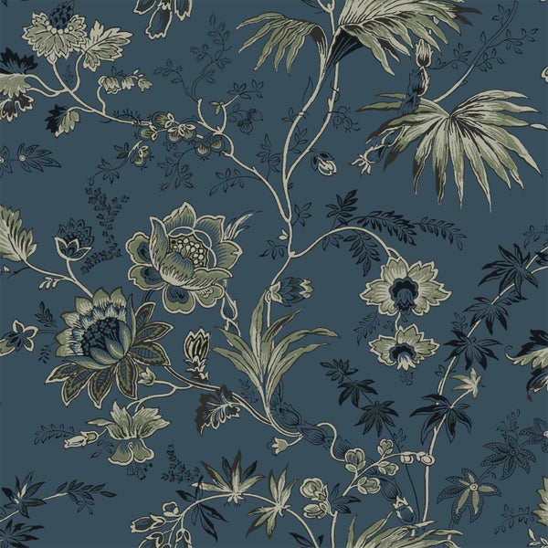 ESTAhome Tapete Blumenmuster Dunkelblau und Olivgrün - 53 cm x 10.05 m - 139315