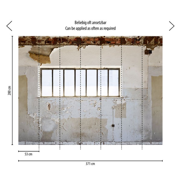 Illustration einer alten Wand mit Fenster zur Darstellung der Maße.