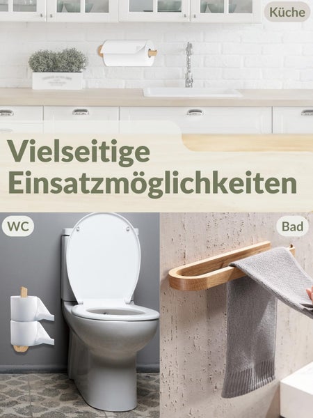 Vielseitige Einsatzmöglichkeiten für Holzhalter in Küche, Toilette und Bad für Küchenrollen, Toilettenpapier und Handtücher.