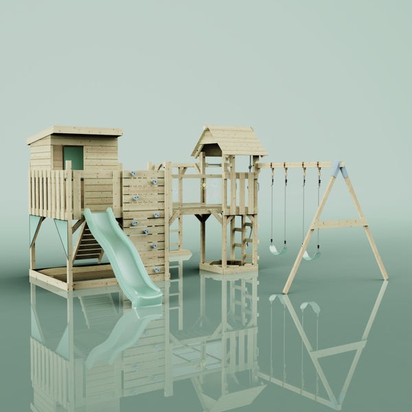 Holzspielplatz mit Rutsche, Kletterwand und Schaukel