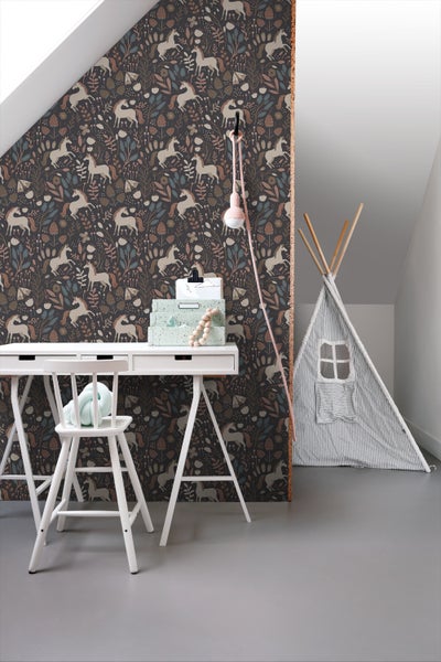 ESTAhome Tapete Einhörner Dunkelblau und Braun - 50 x 900 cm - 131462