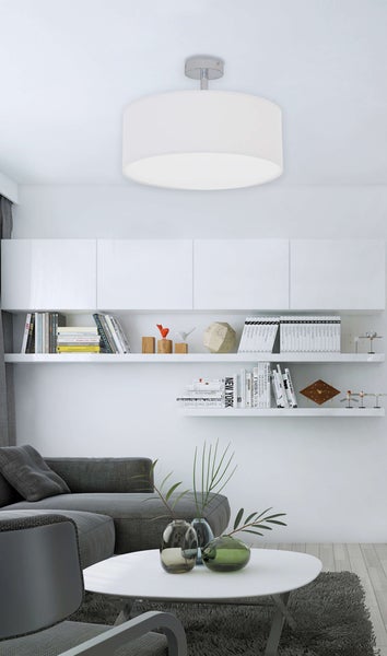 Helles Wohnzimmer mit Deckenleuchte, Regalen und Couch