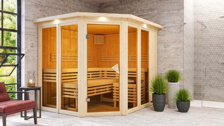 Karibu Innensauna Ainur 3 Innensauna 3 Sitzbänke aus Holz , Saunakabine mit 68 mm Wandstärke, Infrarotsauna mit Montagematerial