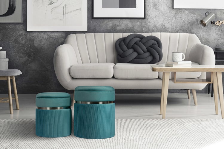 Hocker, 2er-Set gepolstert mit Stauraum Petrol / Silber Rund Ø 31,5 / 36 cm