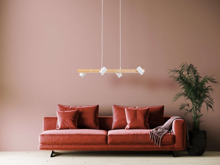 Wohnzimmer mit Sofa, Zimmerpflanze und Deckenleuchte