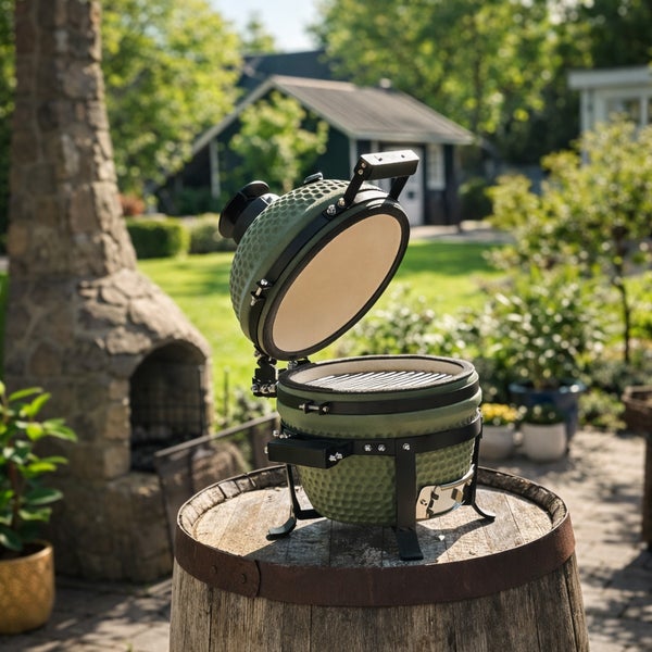 Keramikgrill mit geöffnetem Deckel für den Außenbereich