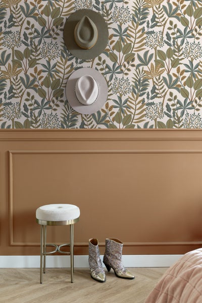ESTAhome Tapete Blätter Graublau, Olivgrün und Ockergelb - 50 x 900 cm - 139839