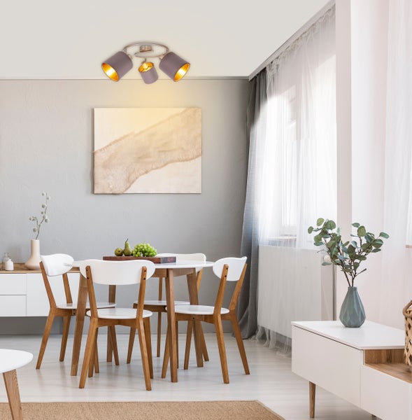 3er Wand- und  Deckenrondell MARON aus Metall satiniert-matt mit Stoffschirmen  in Braun, mit E14-Fassung, Lampe für Wohnzimmer, Esszimmer, Flur und Büro, 28,5 cm Durchmesser