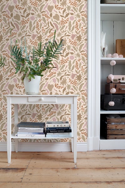 ESTAhome Tapete Blätter und Blumen Beige, Terrakotta und Lila - 50 x 900 cm - 131051