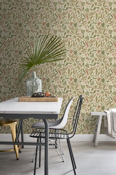 ESTAhome Tapete Blätter und Blumen Olivgrün, Terrakotta und Rosa - 50 x 900 cm - 131052