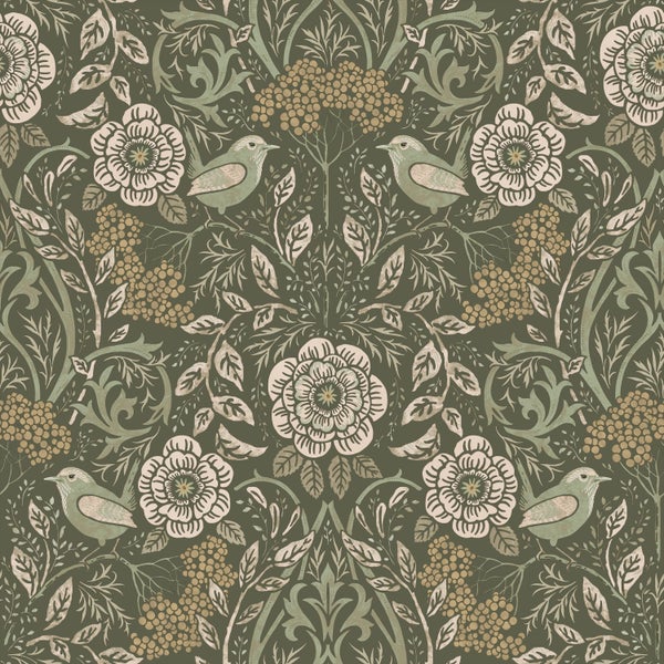 ESTAhome Tapete Blumen und Vögel Dunkelgrün - 53 cm x 10.05 m - 139831