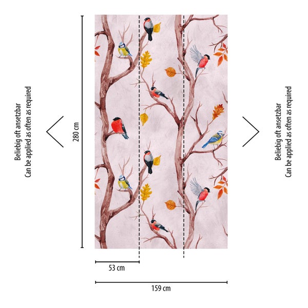 Fototapete mit Bäumen, Blättern und Vögeln, wiederholt anwendbar, mit Maßangaben