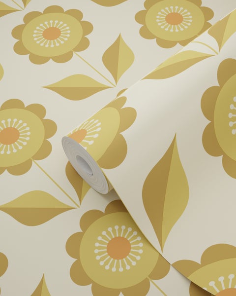 ESTAhome Tapete Blumen Olivgrün und Ockergelb - 50 x 900 cm - 130978