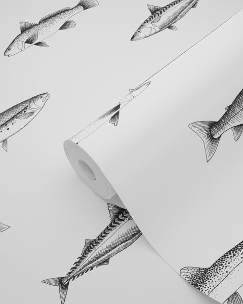 ESTAhome Tapete Federzeichnung Fisch Weiß und Schwarz - 53 cm x 10.05 m - 138967
