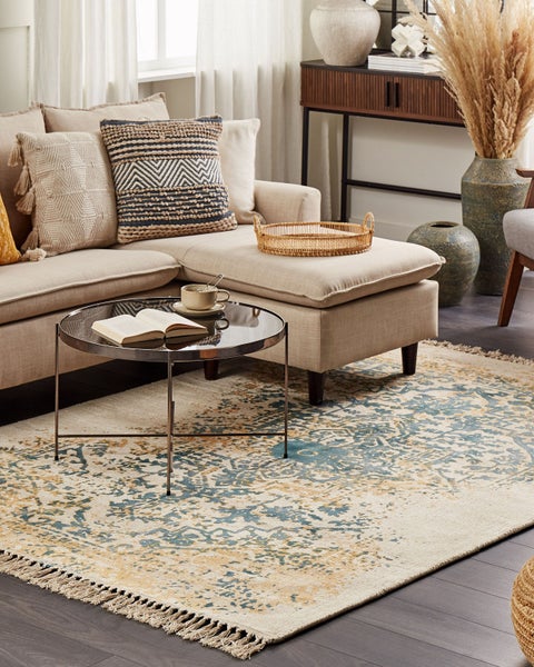 Teppich Viskose senfgelb / grün 140 x 200 cm orientalisches Muster Kurzflor BOYALI