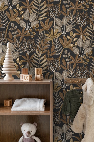 ESTAhome Tapete Blätter Schwarz, Braun und Beige - 50 x 900 cm - 139682