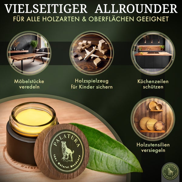 Holzpflegeprodukt im Glas mit Anwendungsbeispielen für Möbel, Holzspielzeug, Küchen und Holzutensilien sowie Palatura Logo.
