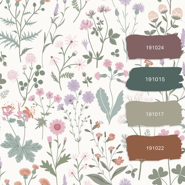 ESTAhome Tapete Feldblumen Violett, Rosa und Grün - 53 cm x 10.05 m - 139482