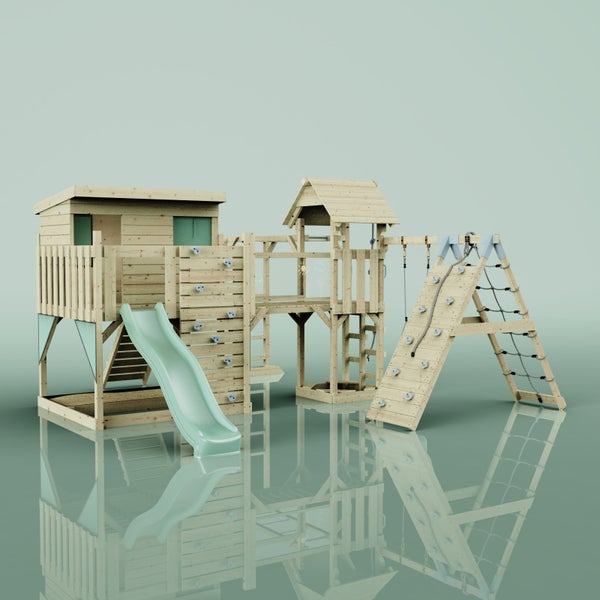 Spielturm mit Rutsche, Kletterwand und Seilleiter für den Außenbereich