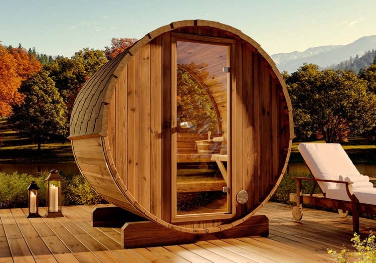 FinnTherm Terrassen-Fass-Sauna Fasssauna 3 Sitzbänke aus Holz Sauna mit 42 mm Wandstärke, Außensauna mit Montagematerial 2x2m