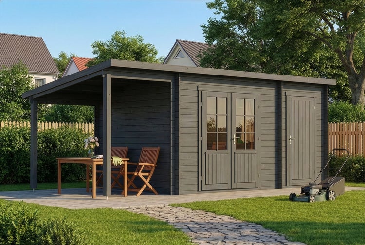 Modernes Gartenhaus aus grauem Holz mit Pultdach, Doppeltür mit Glas, Anbaudach mit Sitzgruppe und Rasenmäher im Garten.
