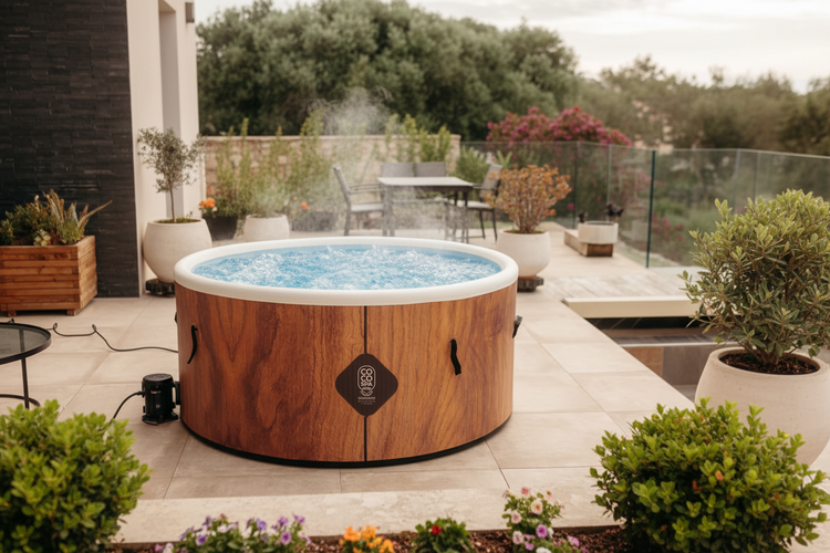 Runder Whirlpool in Holzoptik auf einer modern gefliesten Terrasse mit Gartenmöbeln und verschiedenen Topfpflanzen.