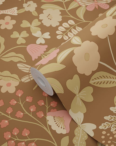 ESTAhome Tapete Blumen und Vögel Graugrün und Rosa - 50 x 900 cm - 131468