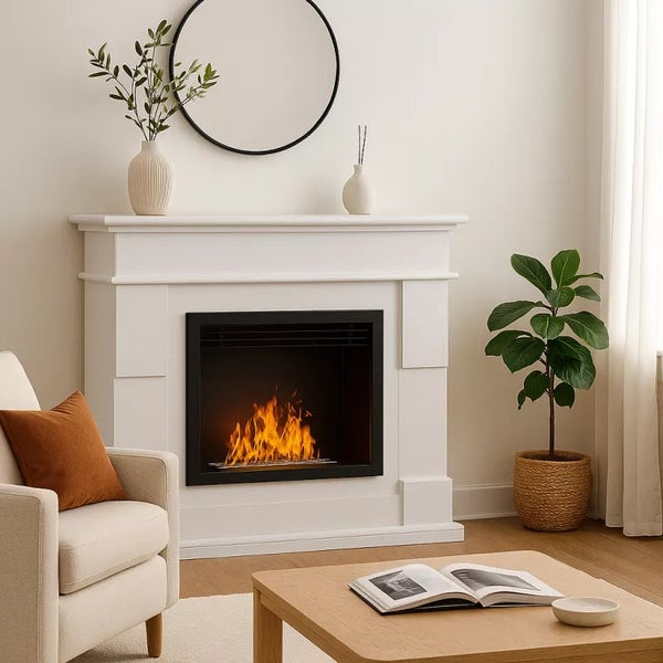 Wohnzimmer mit weißem Kamin, Sessel, Tisch und Dekorationen