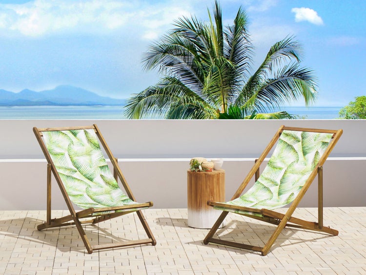 Set mit 2 klappbaren Liegestühlen ANZIO mit Ersatzstoffen Blumenmuster Akazienholz Hellbraun