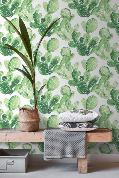 ESTAhome Tapete gemalte Kakteen in Blüte Dschungelgrün - 53 cm x 10.05 m - 138902