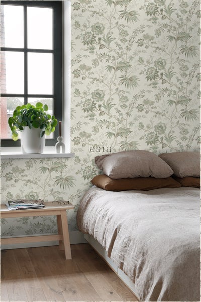 ESTAhome Tapete Blumenmuster Creme-Beige und Graugrün - 53 cm x 10.05 m - 139400