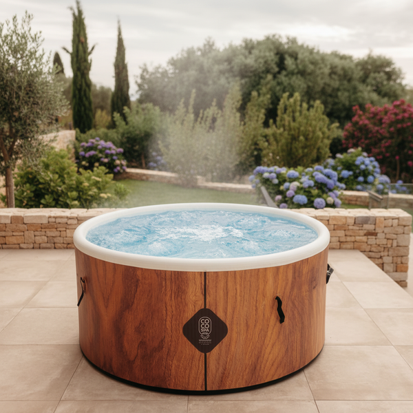 Runder aufblasbarer Whirlpool in Holzoptik mit sprudelndem Wasser auf einer Fliesenterrasse in einem Garten.