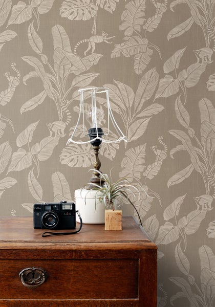 ESTAhome Tapete Affen und Dschungelblätter Taupe - 50 x 900 cm - 139864