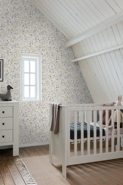 ESTAhome Tapete Blumen Graugrün, Blau und Weiß - 50 x 900 cm - 131139