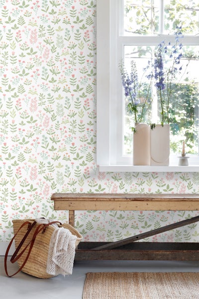 ESTAhome Tapete Feldblumen Grün und Rosa - 50 x 900 cm - 131094