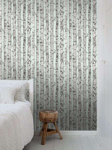ESTAhome Tapete Birkenstämme Pastell Mintgrün und Grau - 53 cm x 10.05 m - 138890