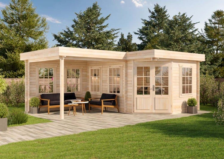 Alpholz 5-Eck Gartenhaus Pepe mit 28 mm Wandstärke 442 x 302 cm + 300 cm, Naturbelassen