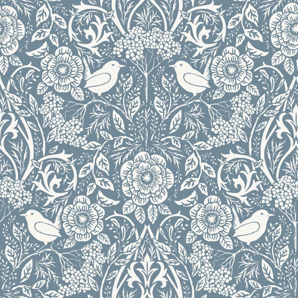 ESTAhome Tapete Blumen und Vögel im Jugendstil Graublau - 53 cm x 10.05 m - 139477