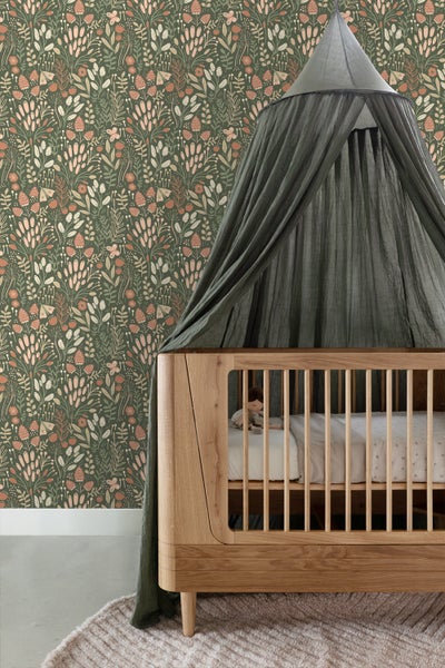 ESTAhome Tapete Blätter und Blumen Grün und Terrakotta - 50 x 900 cm - 131383